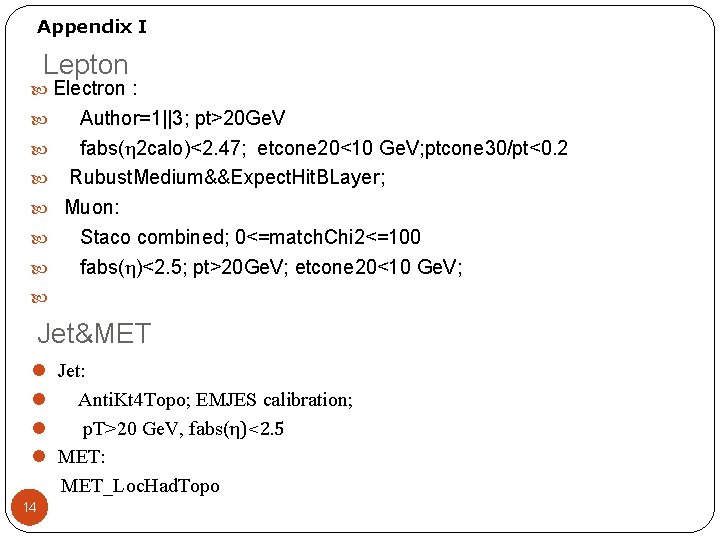 Appendix I Lepton Electron : Author=1||3; pt>20 Ge. V fabs(η 2 calo)<2. 47; etcone