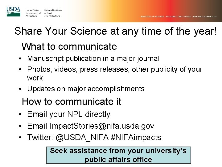 Share Your Science at any time of the year! What to communicate • Manuscript