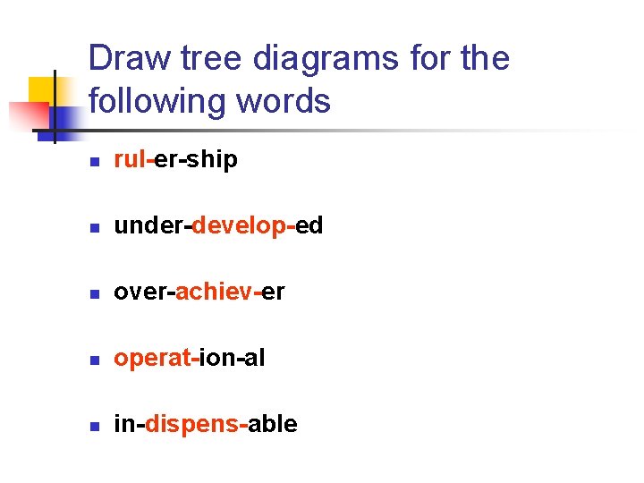 Draw tree diagrams for the following words n rul-er-ship n under-develop-ed n over-achiev-er n