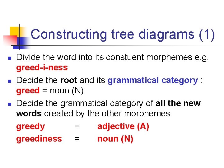 Constructing tree diagrams (1) n n n Divide the word into its constuent morphemes