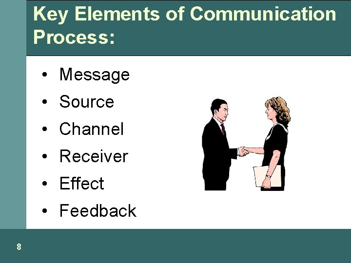 Key Elements of Communication Process: • Message • Source • Channel • Receiver •