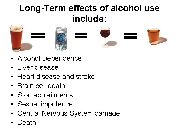 Long-Term effects of alcohol use include: • • Alcohol Dependence Liver disease Heart disease