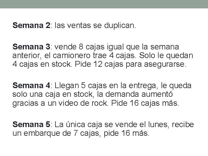 Semana 2: las ventas se duplican. Semana 3: vende 8 cajas igual que la