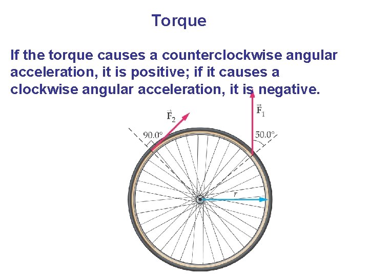 Torque If the torque causes a counterclockwise angular acceleration, it is positive; if it