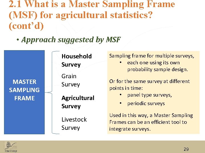 2. 1 What is a Master Sampling Frame (MSF) for agricultural statistics? (cont’d) • 2. 1 What is a Master Sampling Frame (MSF) for agricultural statistics? (cont’d) •