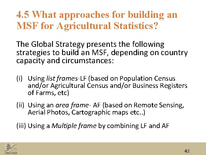4. 5 What approaches for building an MSF for Agricultural Statistics? The Global Strategy 4. 5 What approaches for building an MSF for Agricultural Statistics? The Global Strategy