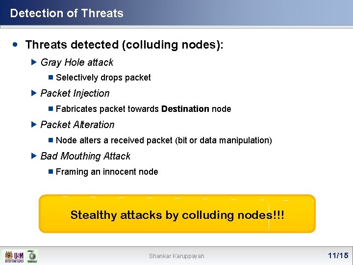 Detection of Threats detected (colluding nodes): Gray Hole attack ¾ Selectively drops packet Packet