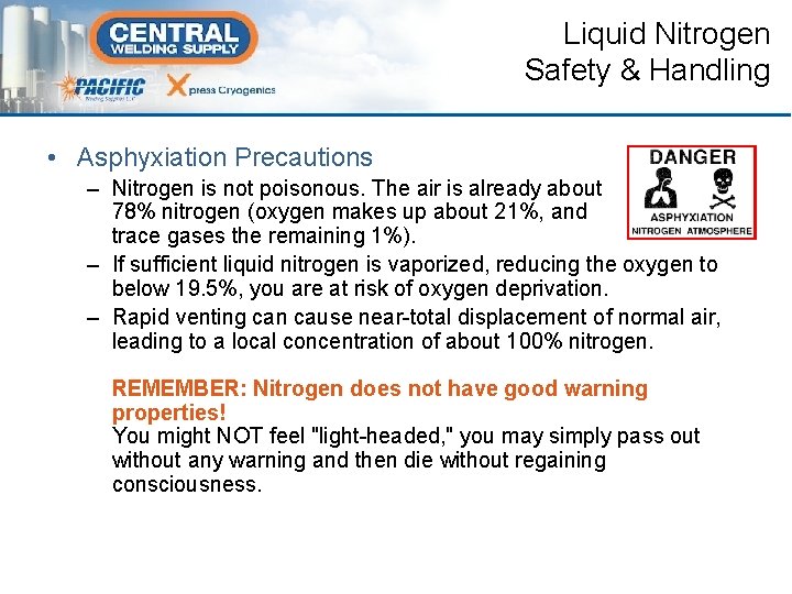 Liquid Nitrogen Safety & Handling • Asphyxiation Precautions – Nitrogen is not poisonous. The