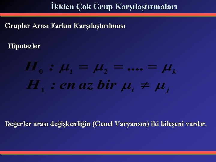 İkiden Çok Grup Karşılaştırmaları Gruplar Arası Farkın Karşılaştırılması Hipotezler Değerler arası değişkenliğin (Genel Varyansın)