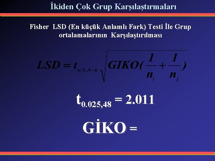 İkiden Çok Grup Karşılaştırmaları Fisher LSD (En küçük Anlamlı Fark) Testi İle Grup ortalamalarının