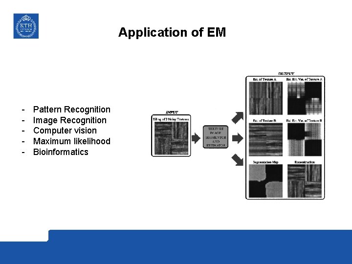 Application of EM - Pattern Recognition Image Recognition Computer vision Maximum likelihood Bioinformatics 