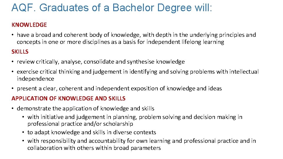 AQF. Graduates of a Bachelor Degree will: KNOWLEDGE • have a broad and coherent