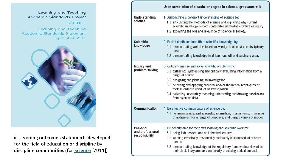 ii. Learning outcomes statements developed for the field of education or discipline by discipline