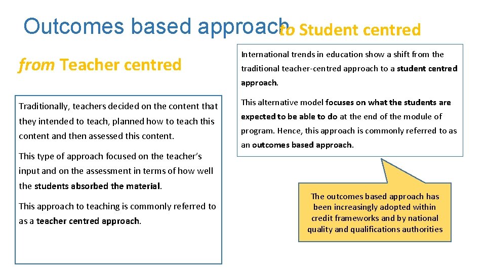 Outcomes based approach to Student centred from Teacher centred International trends in education show