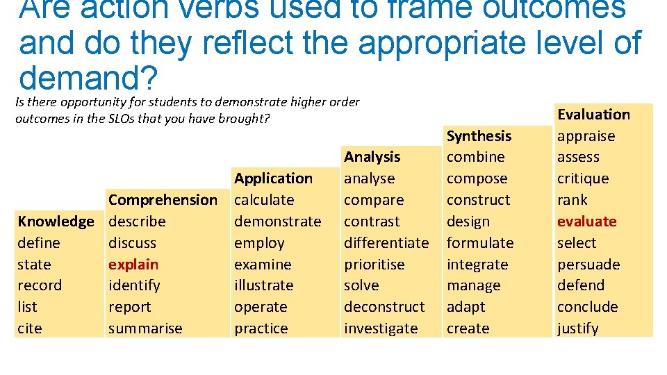 Are action verbs used to frame outcomes and do they reflect the appropriate level