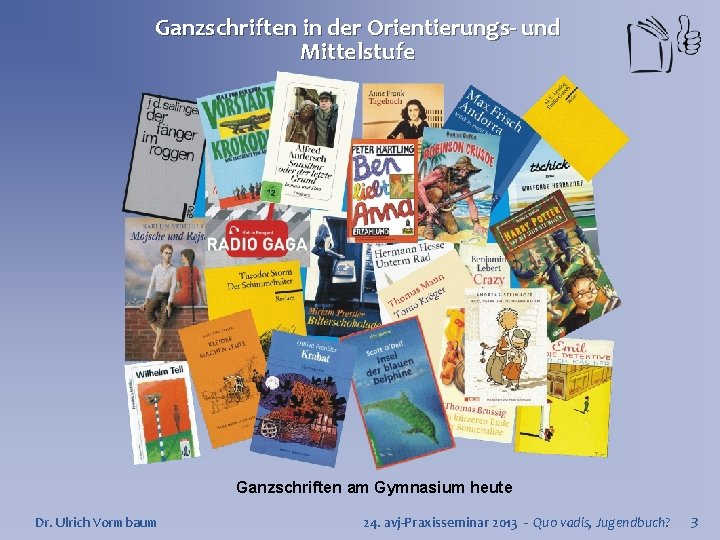 Ganzschriften in der Orientierungs- und Mittelstufe Ganzschriften am Gymnasium heute Dr. Ulrich Vormbaum 24.