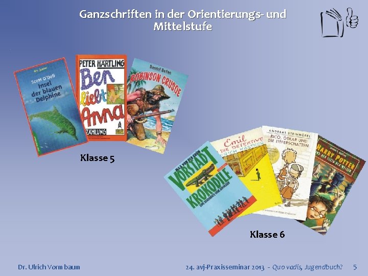 Ganzschriften in der Orientierungs- und Mittelstufe Klasse 5 Klasse 6 Dr. Ulrich Vormbaum 24.