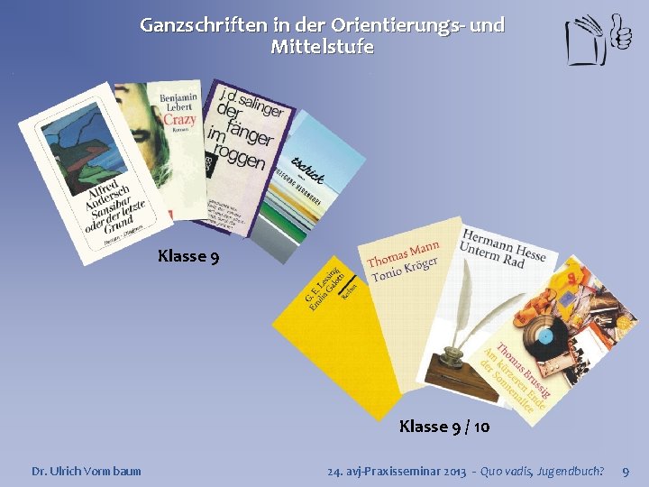 Ganzschriften in der Orientierungs- und Mittelstufe Klasse 9 / 10 Dr. Ulrich Vormbaum 24.