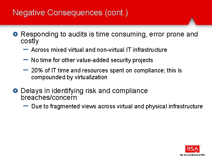 Negative Consequences (cont. ) Responding to audits is time consuming, error prone and costly