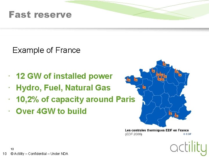 Fast reserve Example of France 12 GW of installed power Hydro, Fuel, Natural Gas