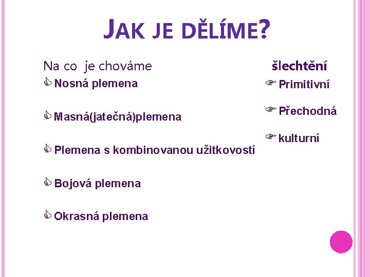 JAK JE DĚLÍME? Na co je chováme šlechtění Nosná plemena Primitivní Masná(jatečná)plemena Přechodná Plemena