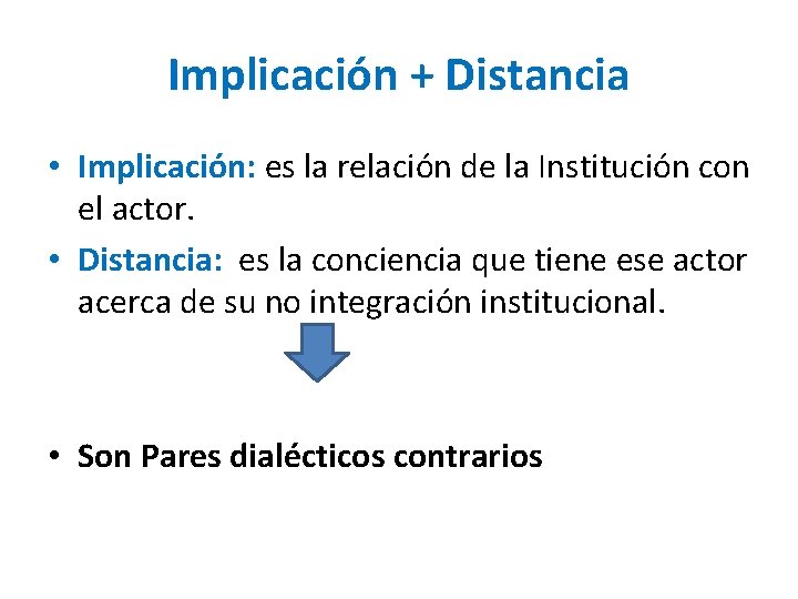 Implicación + Distancia • Implicación: es la relación de la Institución con el actor.