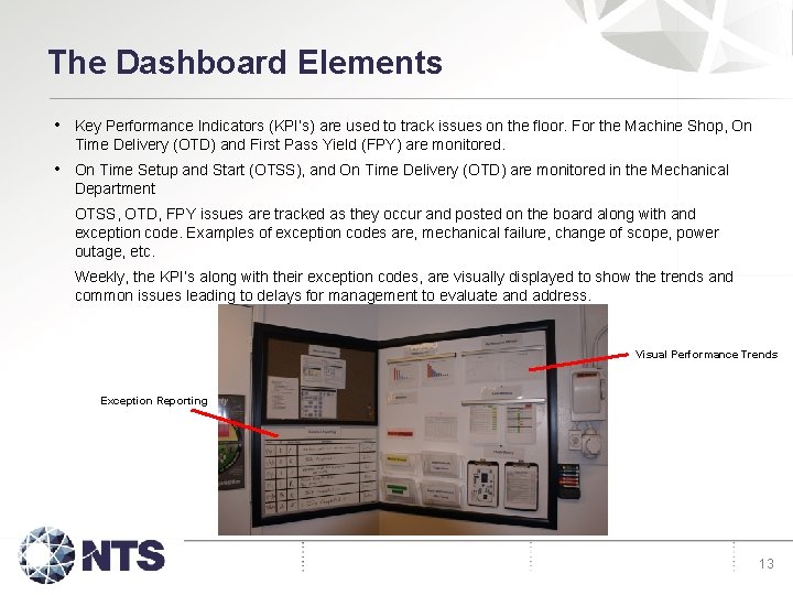 The Dashboard Elements • Key Performance Indicators (KPI’s) are used to track issues on