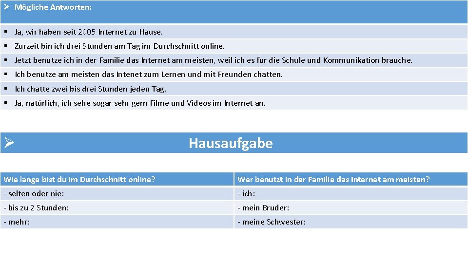 Ø Mögliche Antworten: § Ja, wir haben seit 2005 Internet zu Hause. § Zurzeit