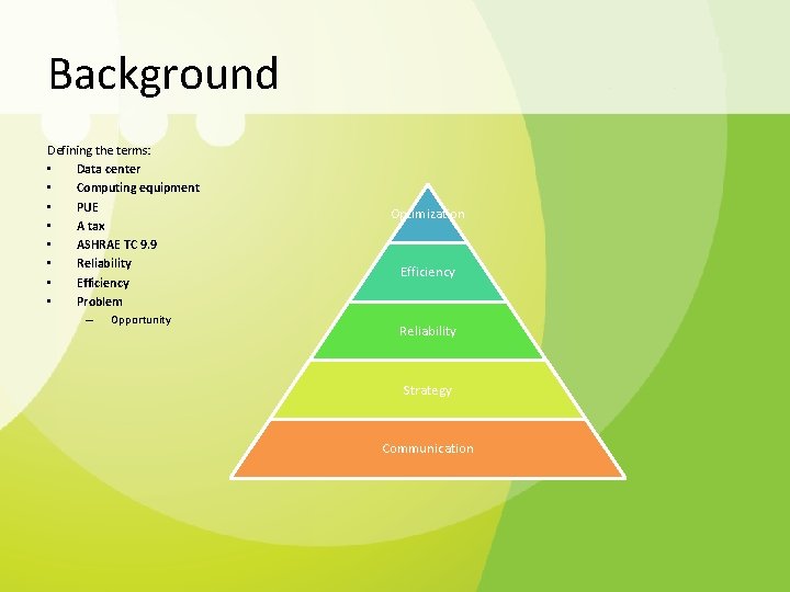 Background Defining the terms: • Data center • Computing equipment • PUE • A