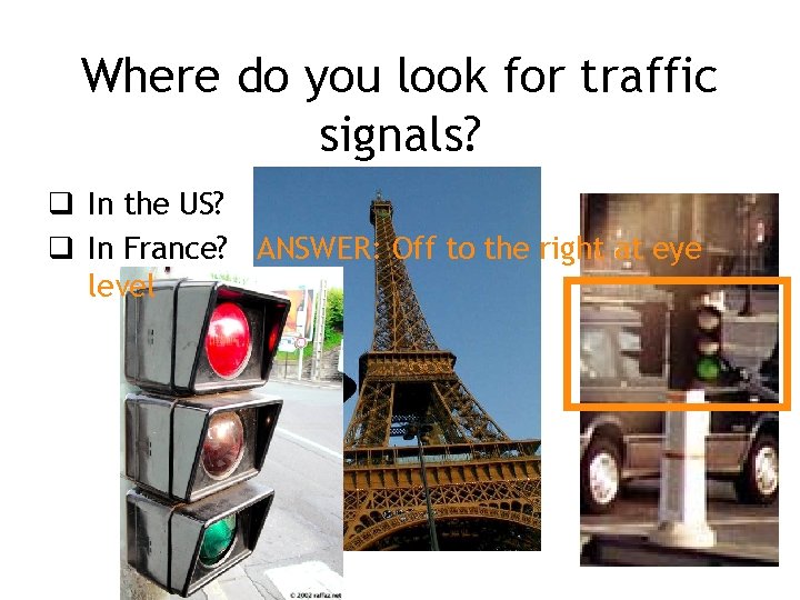 Where do you look for traffic signals? q In the US? q In France?