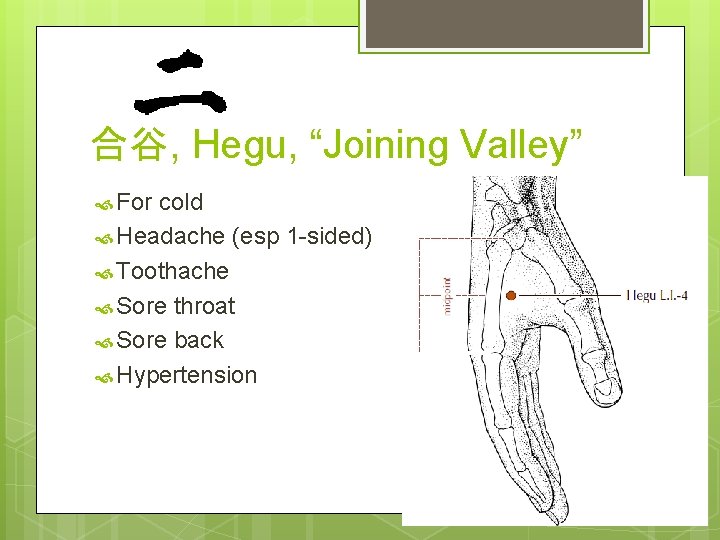 合谷, Hegu, “Joining Valley” For cold Headache (esp 1 -sided) Toothache Sore throat Sore