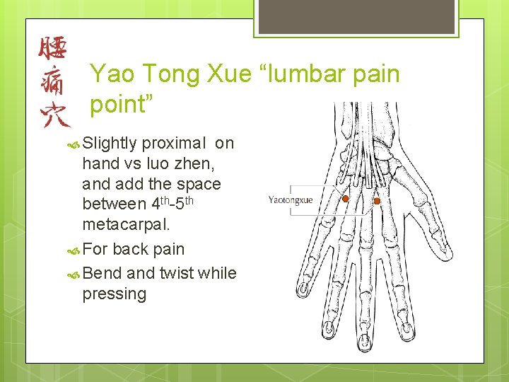 Yao Tong Xue “lumbar pain point” Slightly proximal on hand vs luo zhen, and