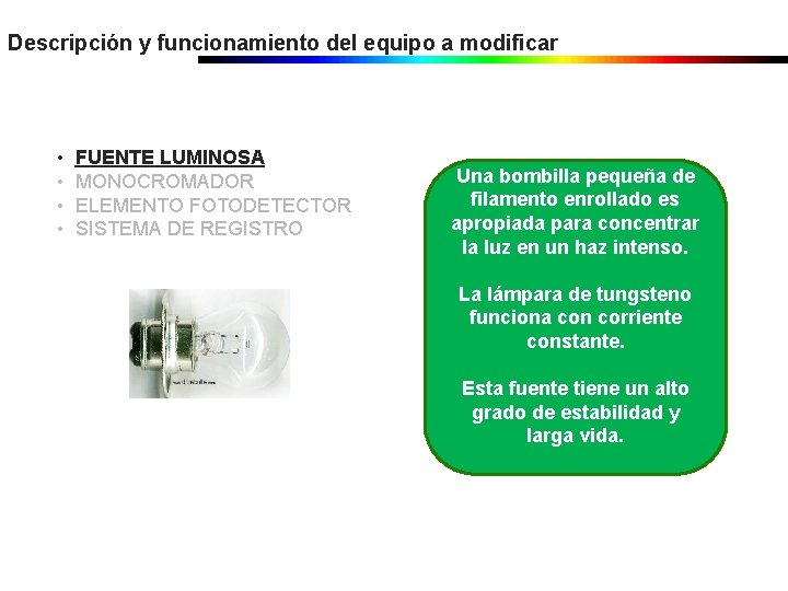 Descripción y funcionamiento del equipo a modificar • • FUENTE LUMINOSA MONOCROMADOR ELEMENTO FOTODETECTOR Descripción y funcionamiento del equipo a modificar • • FUENTE LUMINOSA MONOCROMADOR ELEMENTO FOTODETECTOR