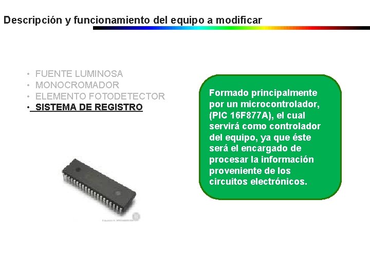 Descripción y funcionamiento del equipo a modificar • • FUENTE LUMINOSA MONOCROMADOR ELEMENTO FOTODETECTOR Descripción y funcionamiento del equipo a modificar • • FUENTE LUMINOSA MONOCROMADOR ELEMENTO FOTODETECTOR