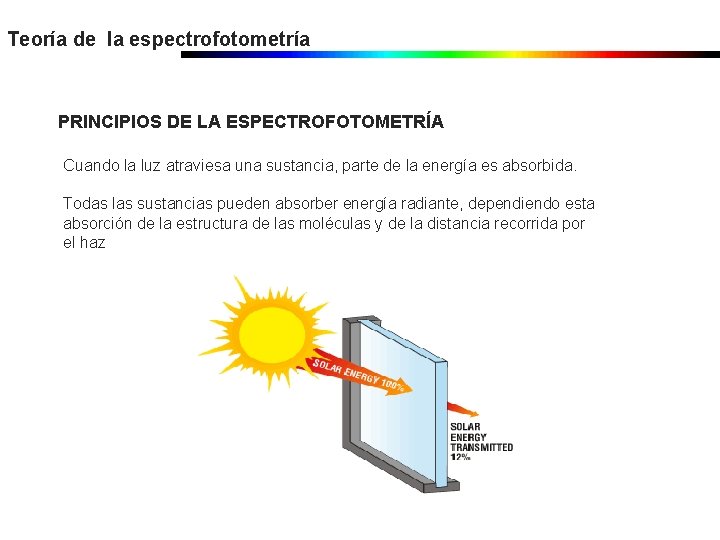 Teoría de la espectrofotometría PRINCIPIOS DE LA ESPECTROFOTOMETRÍA Cuando la luz atraviesa una sustancia, Teoría de la espectrofotometría PRINCIPIOS DE LA ESPECTROFOTOMETRÍA Cuando la luz atraviesa una sustancia,