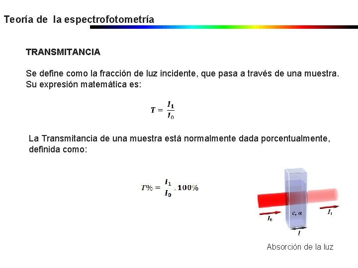 Teoría de la espectrofotometría TRANSMITANCIA Se define como la fracción de luz incidente, que Teoría de la espectrofotometría TRANSMITANCIA Se define como la fracción de luz incidente, que