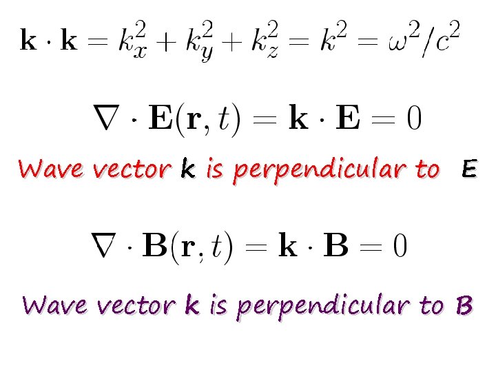 Wave vector k is perpendicular to E Wave vector k is perpendicular to B