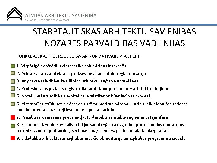 STARPTAUTISKĀS ARHITEKTU SAVIENĪBAS NOZARES PĀRVALDĪBAS VADLĪNIJAS FUNKCIJAS, KAS TIEK REGULĒTAS AR NORMATĪVAJIEM AKTIEM: 1.