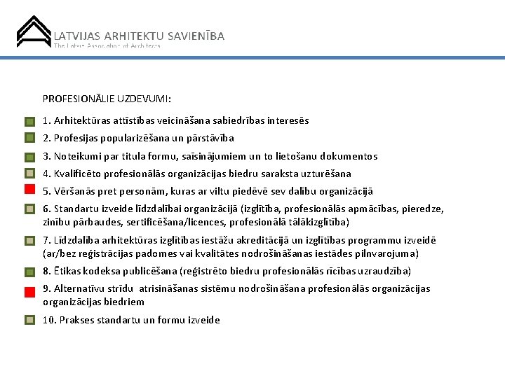 PROFESIONĀLIE UZDEVUMI: 1. Arhitektūras attīstības veicināšana sabiedrības interesēs 2. Profesijas popularizēšana un pārstāvība 3.