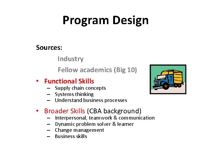 Program Design Sources: Industry Fellow academics (Big 10) • Functional Skills – Supply chain