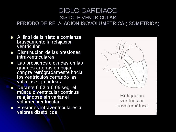 CICLO CARDIACO SISTOLE VENTRICULAR PERIODO DE RELAJACION ISOVOLUMETRICA (ISOMETRICA) l l l Al final