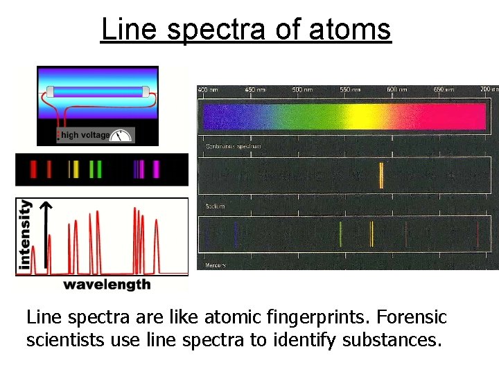 Line spectra of atoms Line spectra are like atomic fingerprints. Forensic scientists use line Line spectra of atoms Line spectra are like atomic fingerprints. Forensic scientists use line