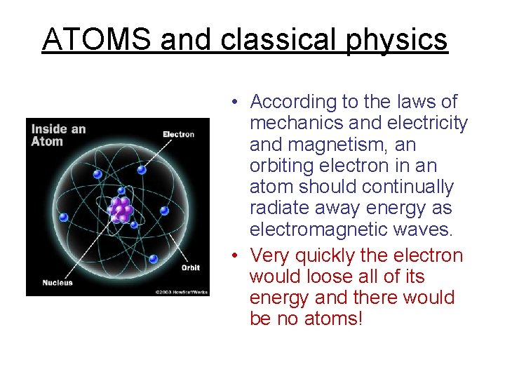 ATOMS and classical physics • According to the laws of mechanics and electricity and ATOMS and classical physics • According to the laws of mechanics and electricity and