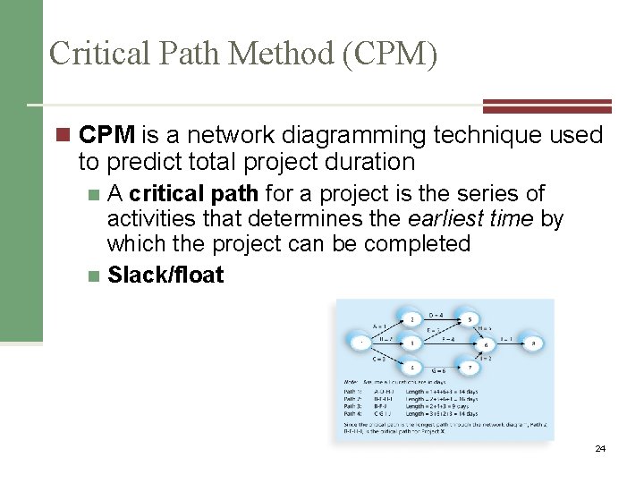 Critical Path Method (CPM) n CPM is a network diagramming technique used to predict
