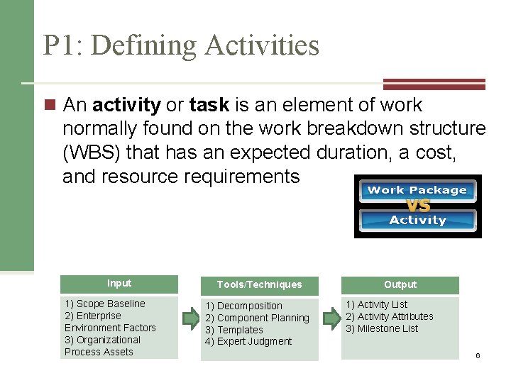 P 1: Defining Activities n An activity or task is an element of work