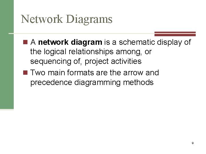 Network Diagrams n A network diagram is a schematic display of the logical relationships