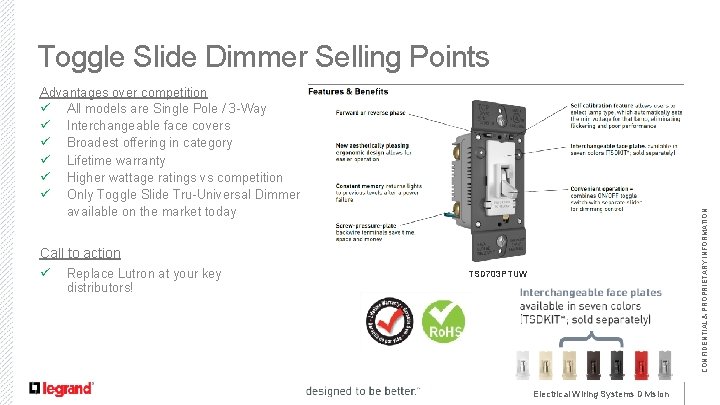 Toggle Slide Dimmer Selling Points Call to action ü Replace Lutron at your key