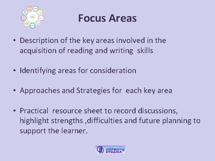 Focus Areas • Description of the key areas involved in the acquisition of reading