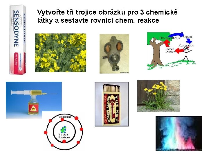 Vytvořte tři trojice obrázků pro 3 chemické látky a sestavte rovnici chem. reakce 