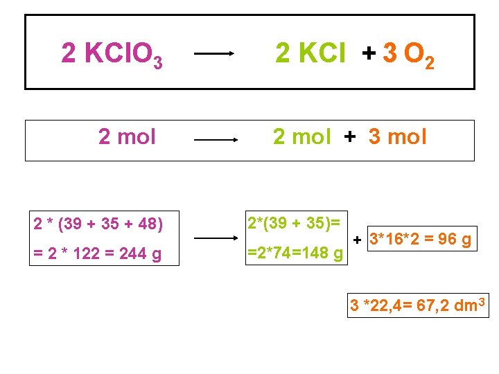 2 KCl. O 3 2 mol 2 KCl + 3 O 2 2 mol